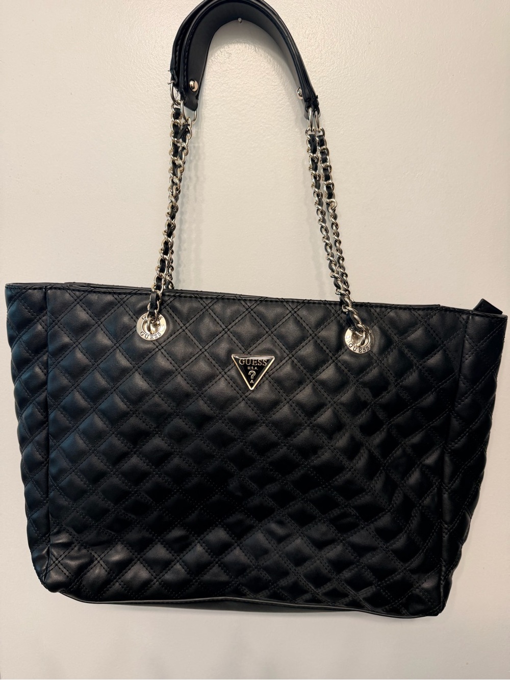 Guess Black Quilted Tote with Chain-Strap Handles